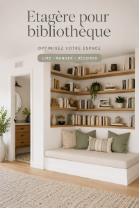 Bibliothèque élégante avec étagères bien rangées.