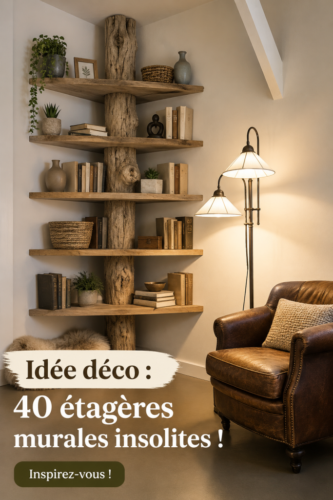 Étagères murales originales en bois et métal dans un salon moderne