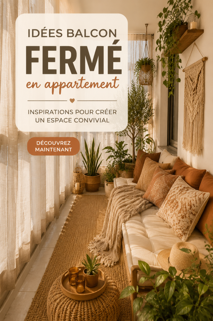 Une vue d'un balcon fermé bien aménagé avec des plantes et des meubles confortables.