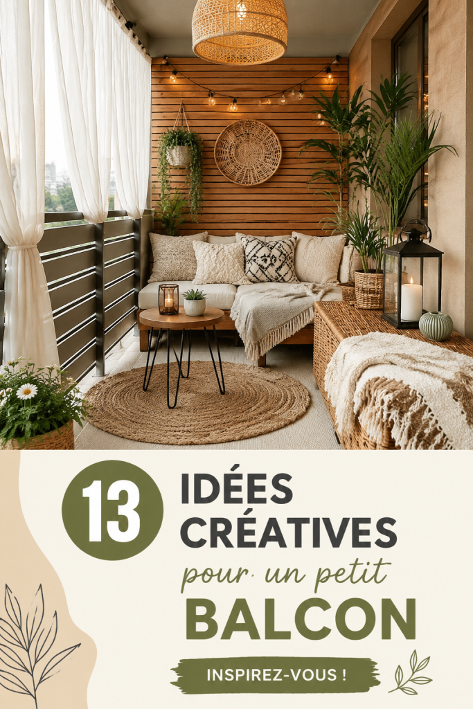 Petit balcon décoré avec des plantes et des meubles confortables, idée d'aménagement créatif.