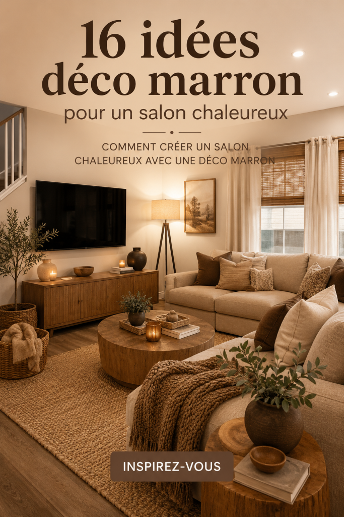 Salon cosy décoré en marron, mettant en avant des textures chaleureuses et des accessoires élégants.