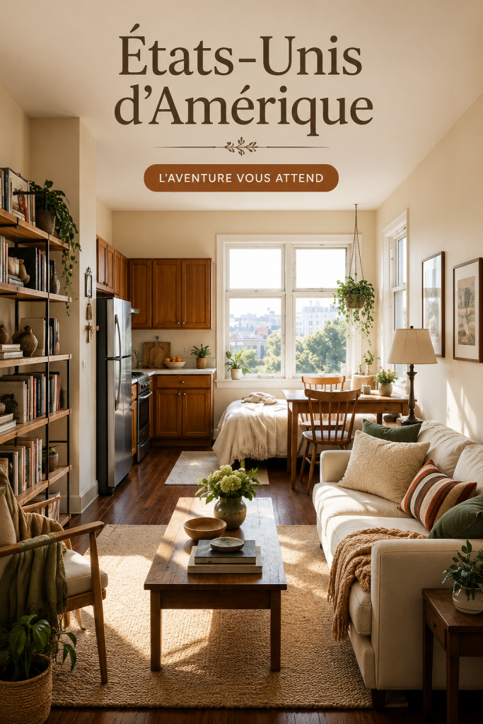 Salon inspiré par le style américain avec des éléments rustiques et modernes.