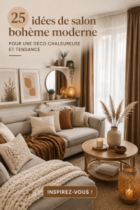 Salon boho moderne avec des éléments décoratifs en bois et des textiles colorés