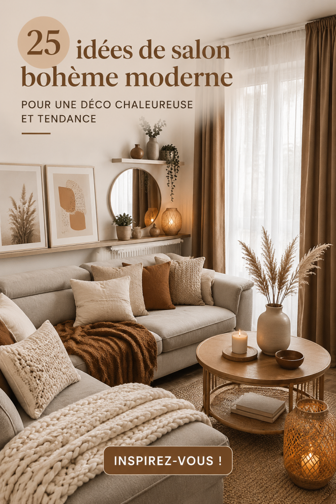 Salon boho moderne avec des éléments décoratifs en bois et des textiles colorés