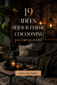 Salon cosy avec une décoration de style farmhouse, mettant en avant des couleurs chaudes et des matériaux naturels.