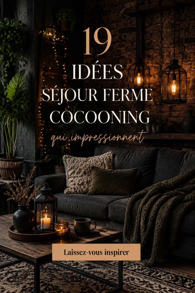 Salon cosy avec une décoration de style farmhouse, mettant en avant des couleurs chaudes et des matériaux naturels.