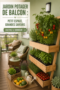 Un balcon aménagé en jardin avec des légumes en pot, montrant des plantes luxuriantes et colorées.