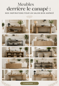 Un salon moderne avec un canapé et des meubles de décoration derrière.