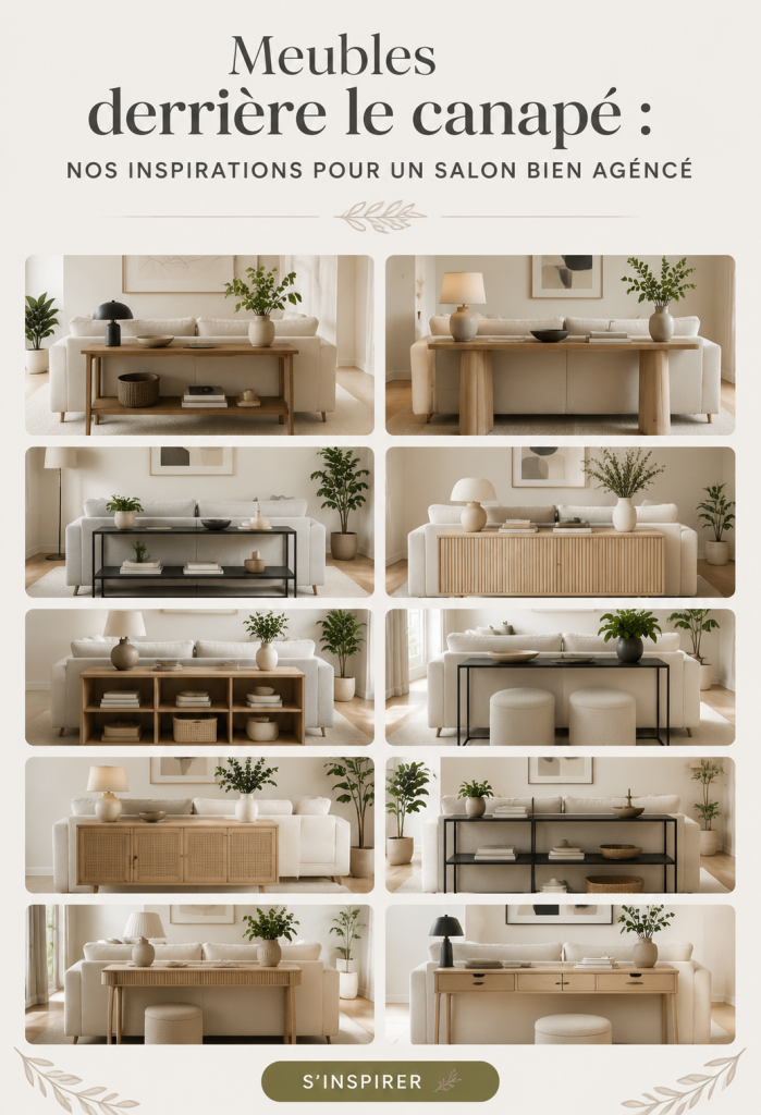 Un salon moderne avec un canapé et des meubles de décoration derrière.