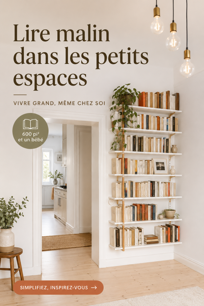 Un salon lumineux avec un coin lecture bien aménagé et des étagères remplies de livres.