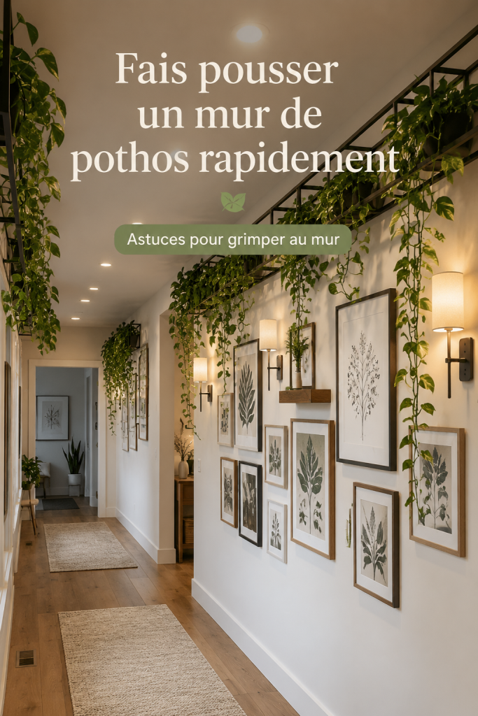 Mur décoré de vignes pothos luxuriantes grimpantes dans un intérieur chaleureux