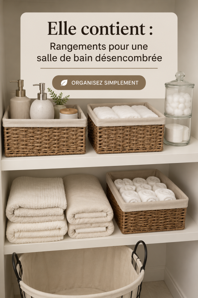 Salle de bain moderne avec rangements bien organisés et décor épuré