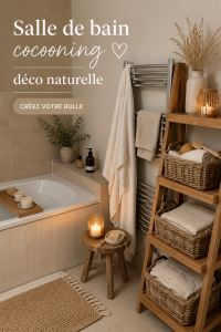 Salle de bain décorée dans un style cocooning avec des éléments naturels