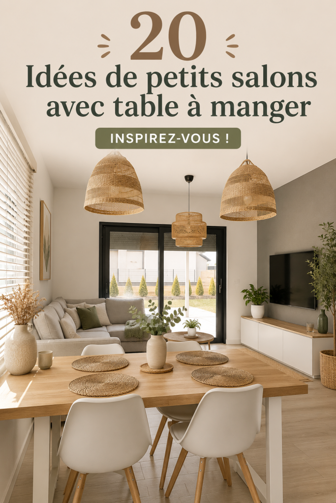 Un petit salon moderne avec une table à manger intégrée, éclairé par de grandes fenêtres.