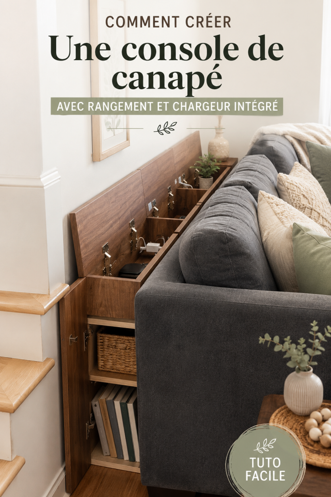 Table de canapé en bois avec rangement et prises de recharge intégrées.
