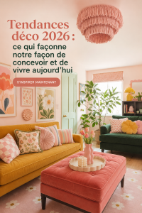 Un intérieur moderne mettant en avant les tendances déco de 2026, avec des couleurs et des matériaux innovants.