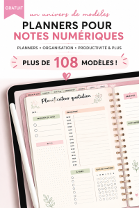 Un aperçu coloré de plusieurs modèles GoodNotes gratuits affichés sur une tablette.