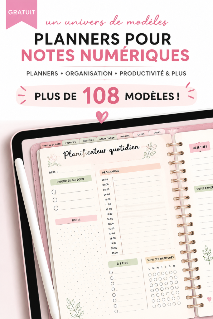 Un aperçu coloré de plusieurs modèles GoodNotes gratuits affichés sur une tablette.
