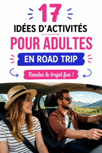 Groupe d'amis souriants jouant à des jeux lors d'un road trip en voiture.