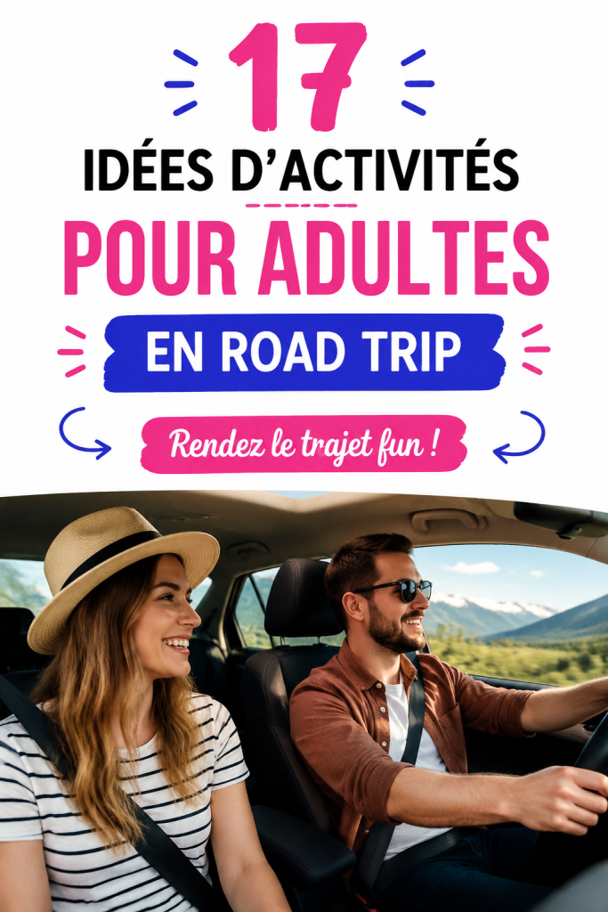 Groupe d'amis souriants jouant à des jeux lors d'un road trip en voiture.