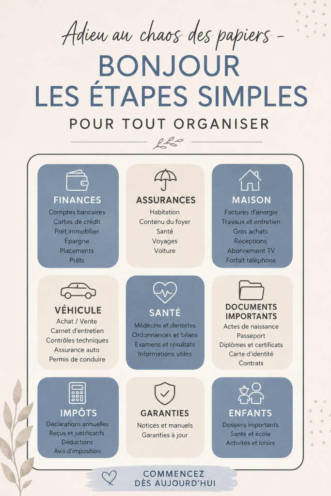 Femme organisant des documents sur un bureau rangé.