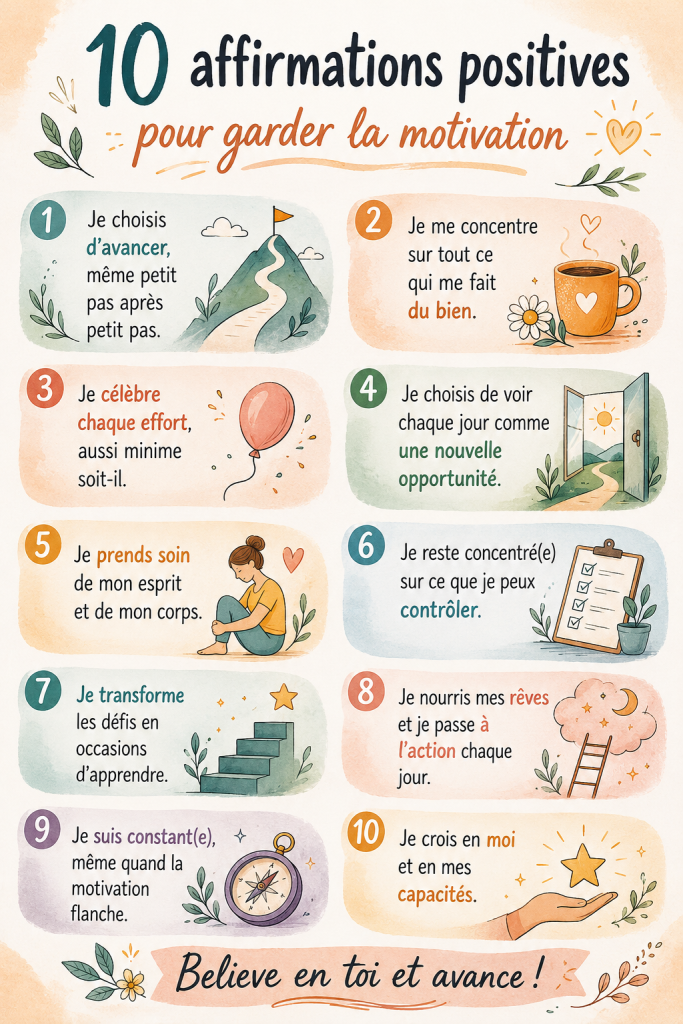 Femme méditant avec des affirmations positives autour d'elle.