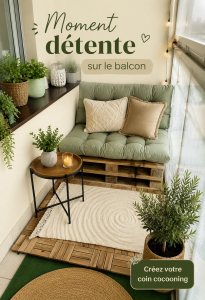 Un balcon aménagé avec des chaises confortables et des plantes vertes, créant un espace de détente