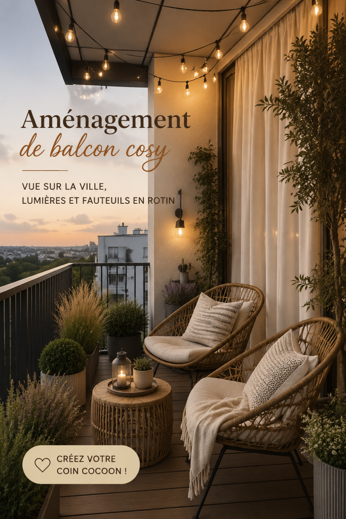 Un balcon cozy avec chaises en osier et guirlandes lumineuses, vue sur la ville