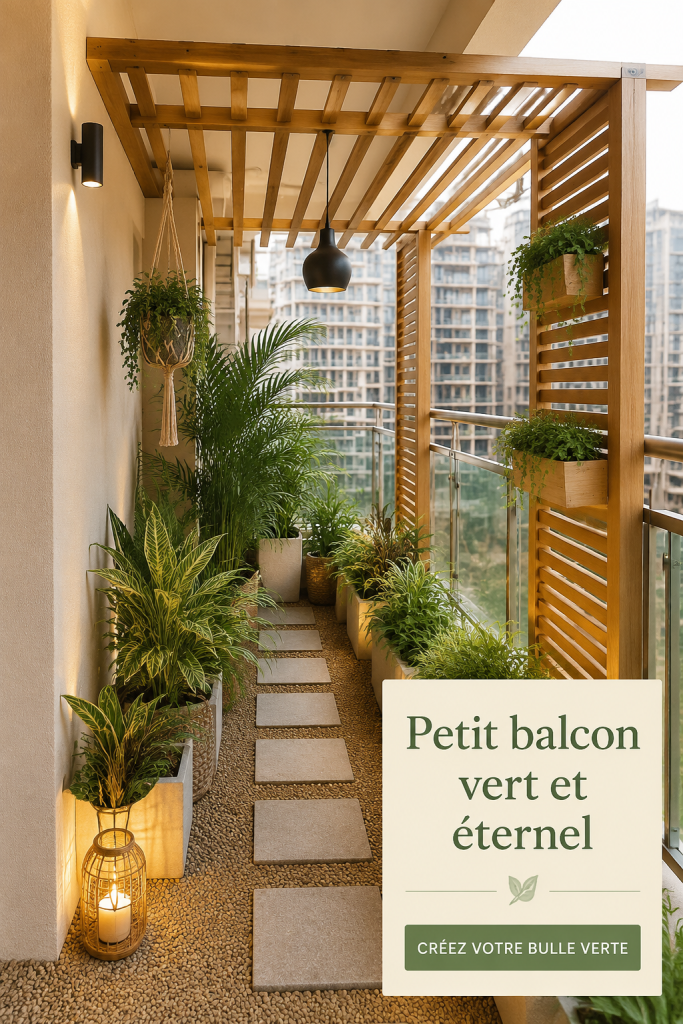 Un petit balcon verdoyant avec des plantes variées et des meubles confortables.