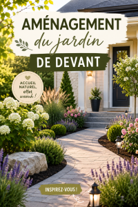 Jardin de devant aménagé avec des plantes colorées et du mobilier extérieur