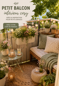 Aménagement d'un petit balcon avec des plantes et des meubles compacts.