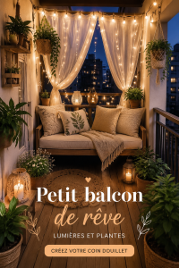 Petit balcon décoré de plantes et d'éclairages chaleureux, créant une atmosphère agréable.