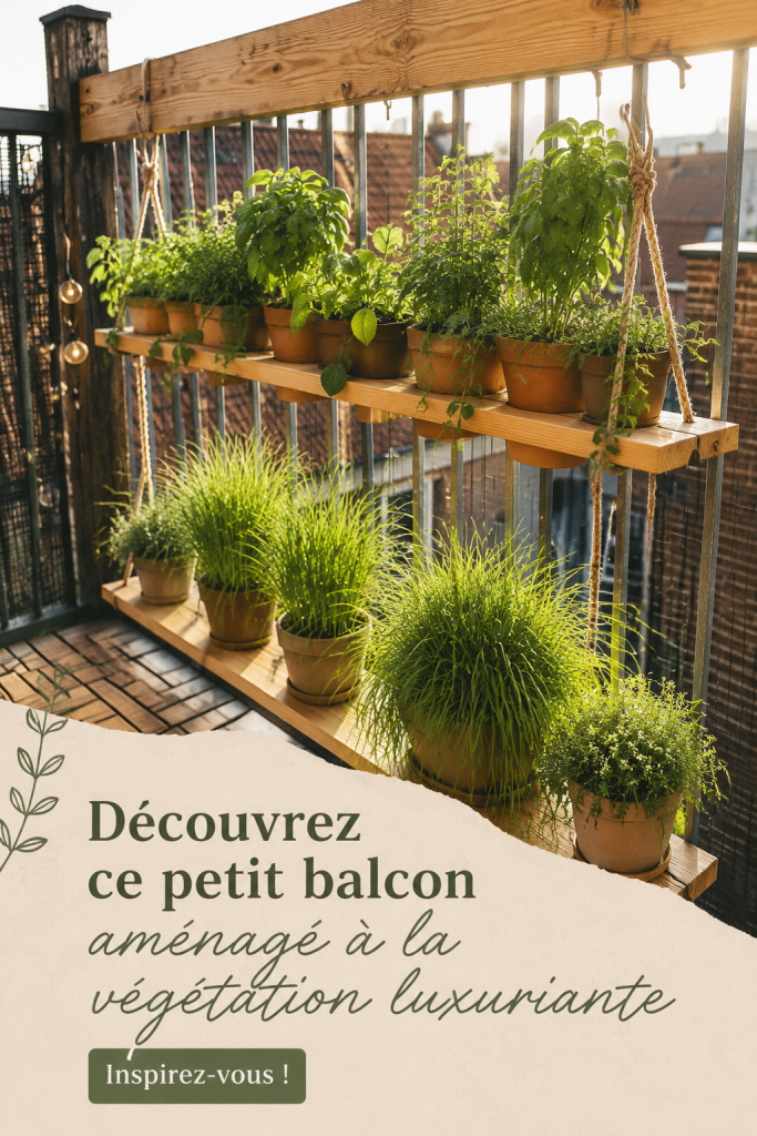 Balcon aménagé avec des plantes luxuriantes et des accessoires de jardin