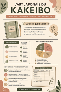 Un carnet Kakeibo ouvert avec des notes et un stylo, symbolisant l'art japonais de la gestion financière.