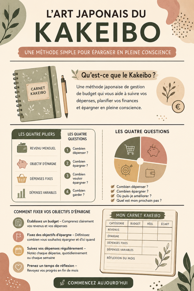 Un carnet Kakeibo ouvert avec des notes et un stylo, symbolisant l'art japonais de la gestion financière.