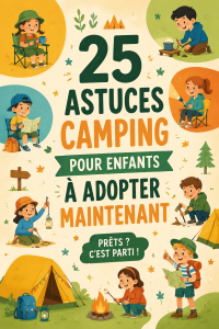 Une famille heureuse en camping, profitant du plein air, avec une tente en arrière-plan.