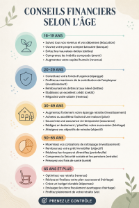 Illustration représentant des conseils financiers adaptés aux différentes tranches d'âge.