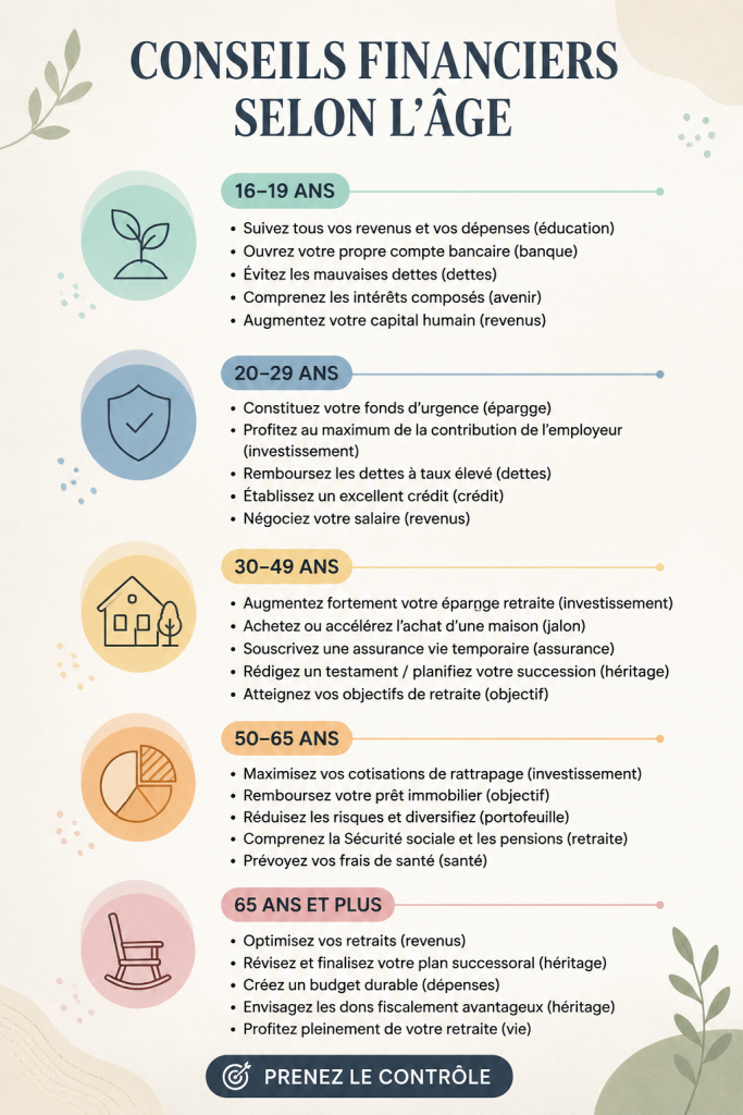 Illustration représentant des conseils financiers adaptés aux différentes tranches d'âge.