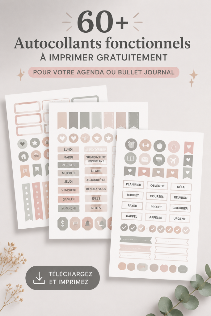 Un aperçu d'autocollants imprimables pour planners sur une table.