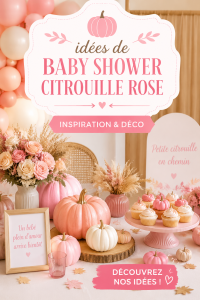 Un décor de baby shower avec des citrouilles roses entourées de fleurs.