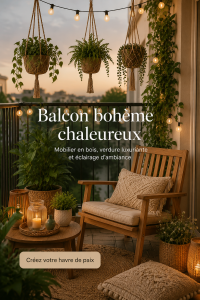 Balcon bohème cosy avec du mobilier en bois, des plantes vertes et un éclairage d'ambiance.