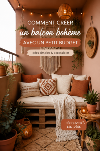 Un balcon décoré dans un style boho avec des meubles en bois et des plantes vertes.
