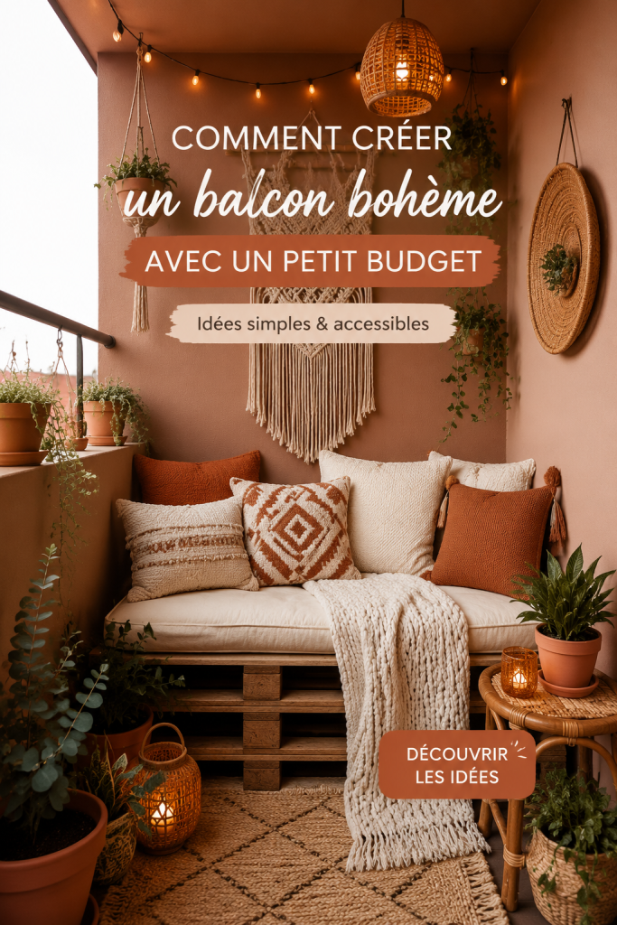 Un balcon décoré dans un style boho avec des meubles en bois et des plantes vertes.