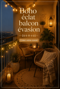 Un balcon boho décoré avec des plantes, des coussins et une ambiance relaxante.