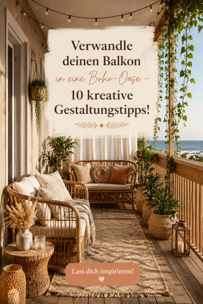 Un balcon décoré dans un style boho, avec des plantes, des coussins colorés et des lanternes.