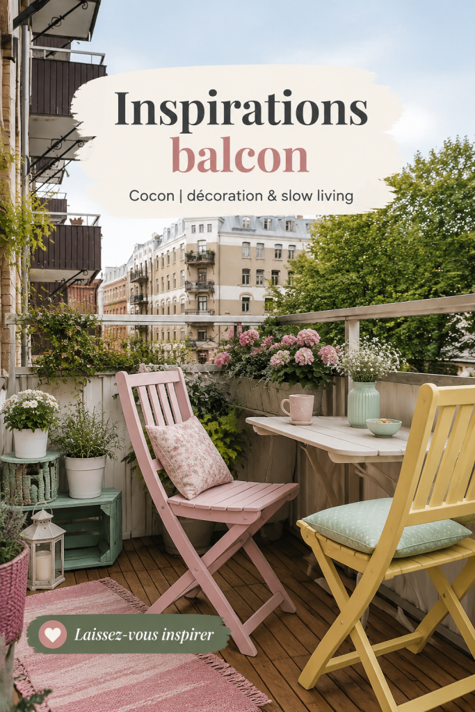 Un balcon décoré de manière cocooning avec des plantes, des coussins et des guirlandes lumineuses.