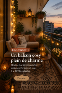 Balcon cozy décoré avec des plantes et des lumières suspendues au coucher du soleil