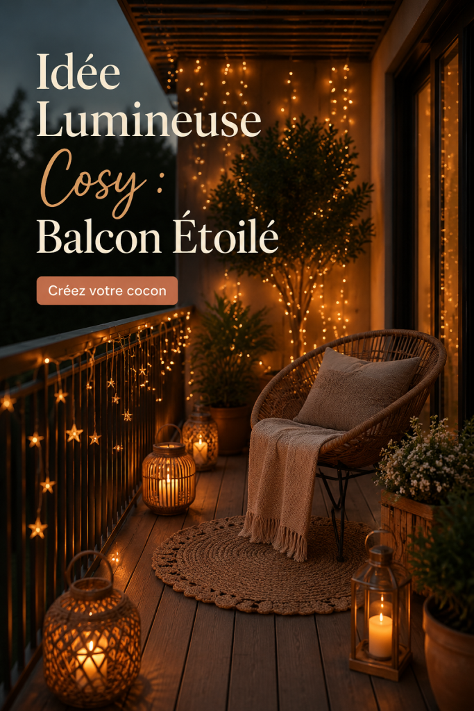 Un balcon cosy décoré avec des guirlandes lumineuses et des coussins, parfait pour les soirées d'été.