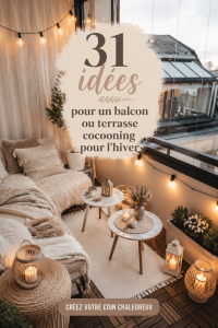 Balcon décoré pour l'hiver avec des lumières et des coussins
