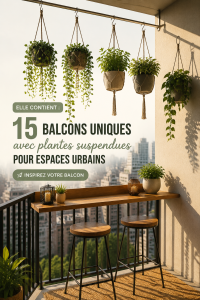 Balcon urbain décoré de plantes suspendues et fleurs colorées